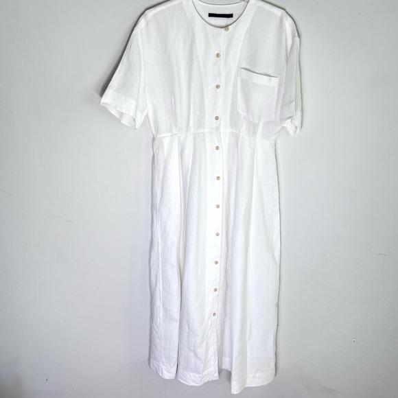 Jenni Kayne  Day Linen Midi-Dress Button Front Short Sleeves in White Sz L - Picture 3 of 9